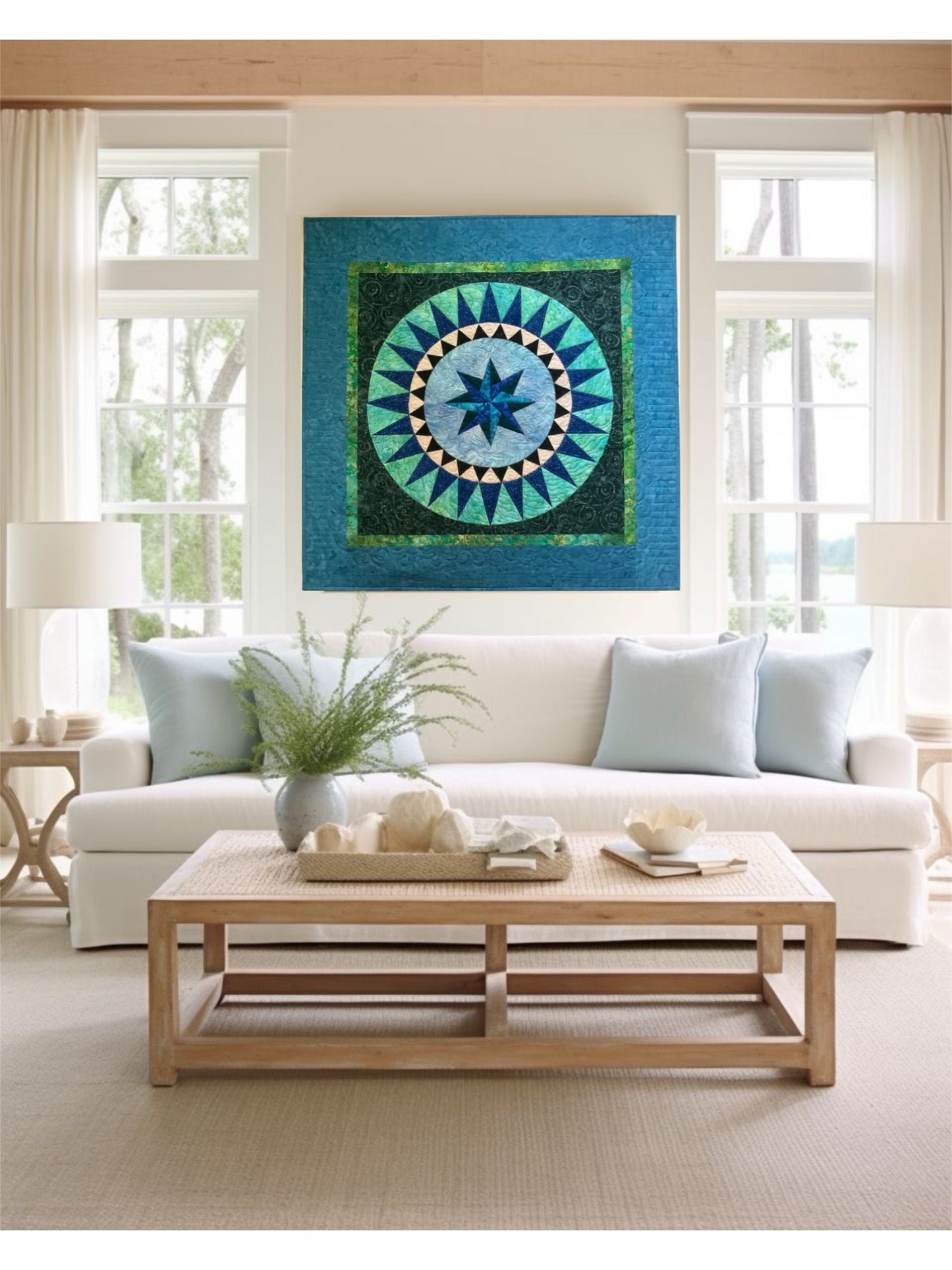 Blue Compass Star Quilt | Handmade Table Topper | Quilted Wall Hanging | 35 x 35 | One of a Kind | Clearance Sale