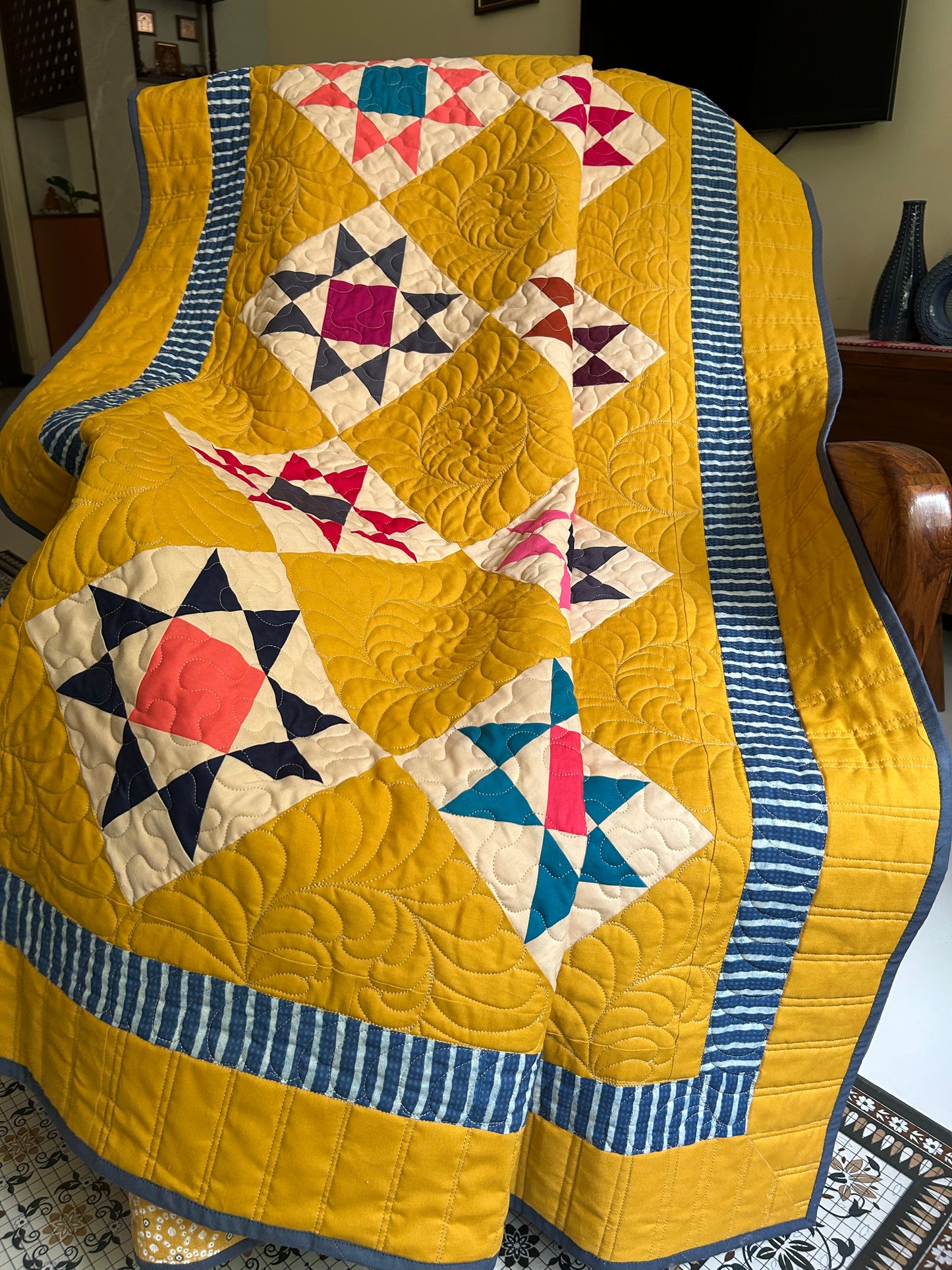 Mustard Reproduction Quilt | Handmade Homemade Throw Quilt | Colorful Patchwork Quilt | Geometric Cotton Quilt | 59 x 71