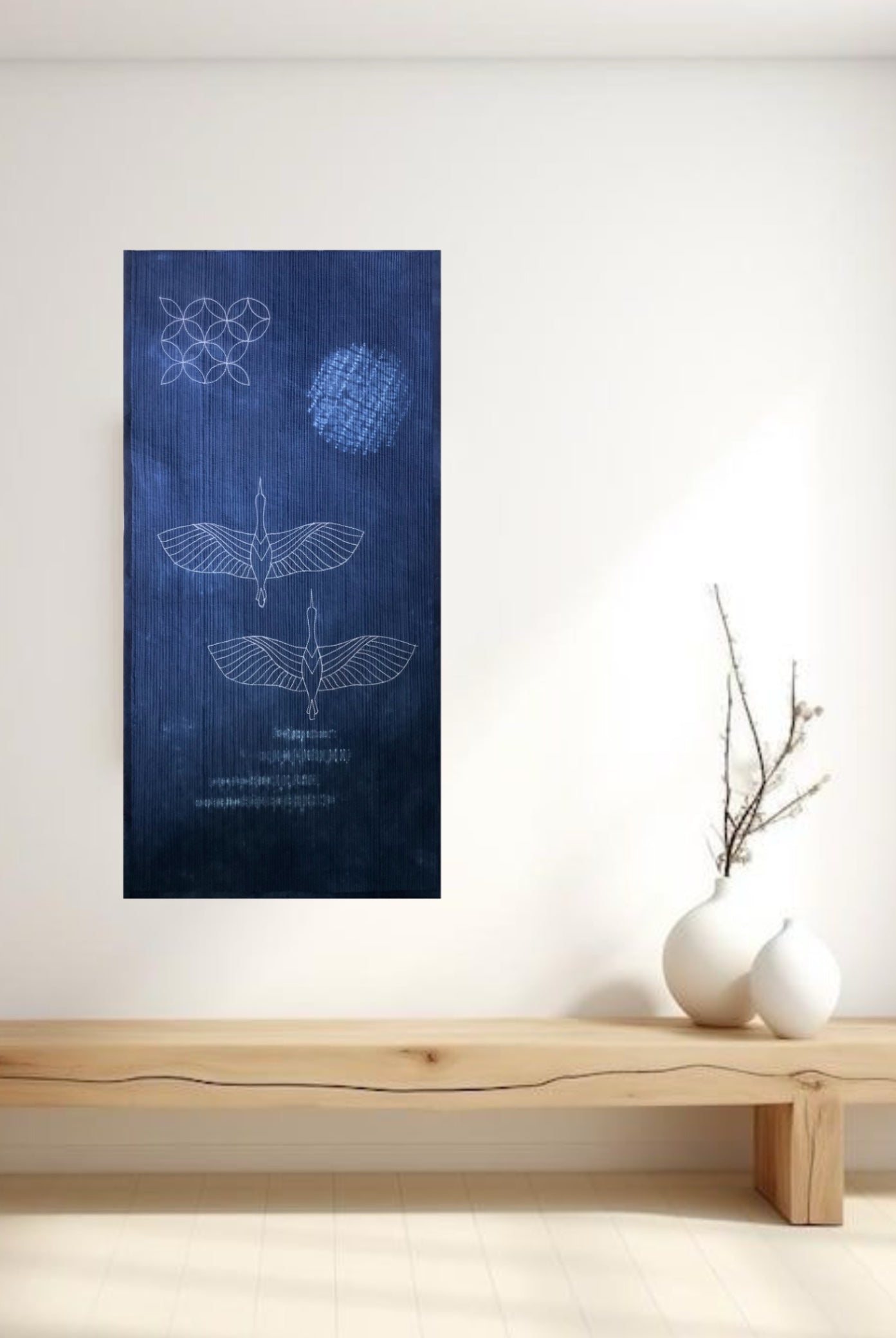 Cranes in Moonlight Wall Art Quilt | Japandi Indigo Shibori Textile Art Sale