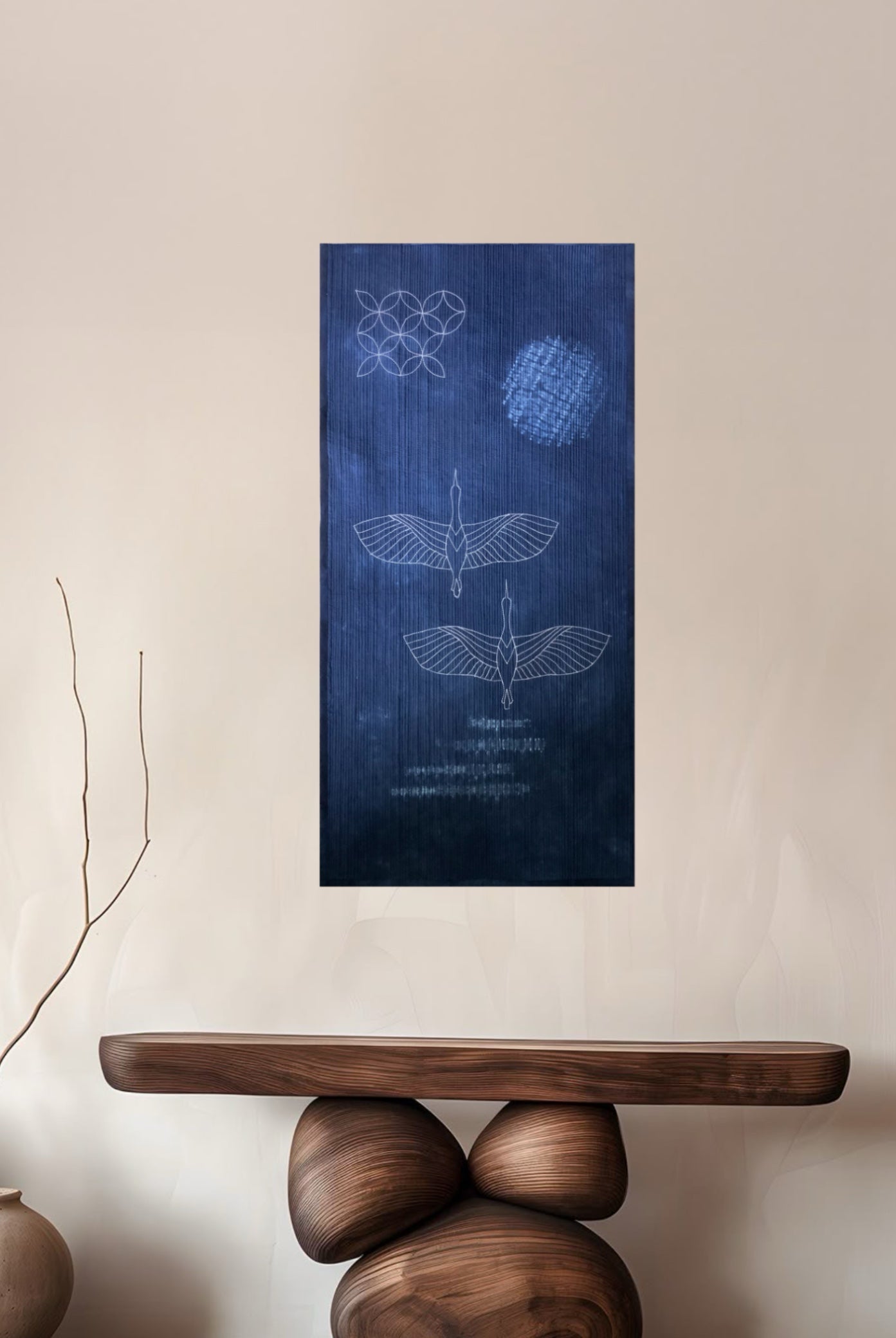 Cranes in Moonlight Wall Art Quilt | Japandi Indigo Shibori Textile Art Sale