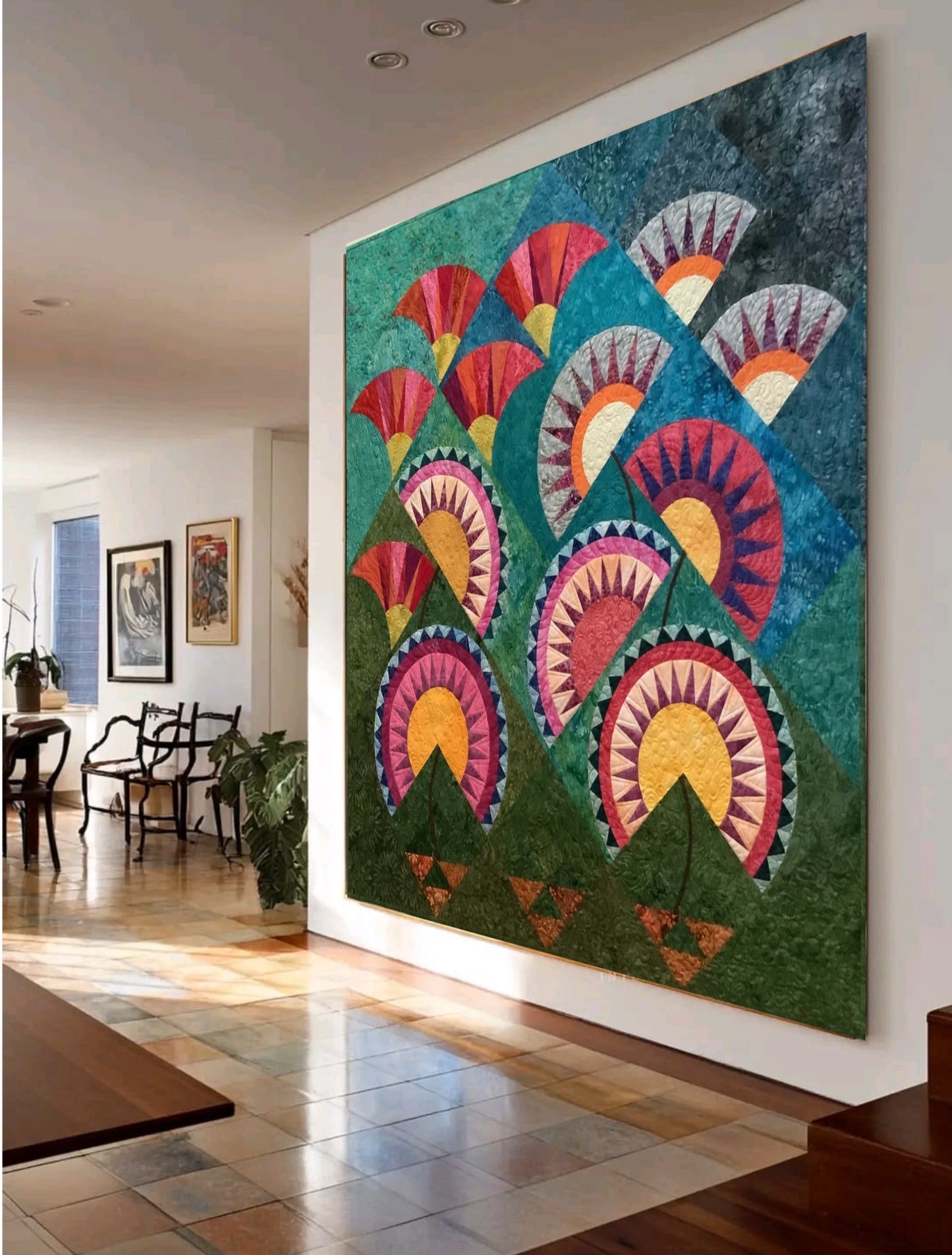 Contemporary Floral Textile  Wall Art Quilt | New York Beauty Quilt Tapestry