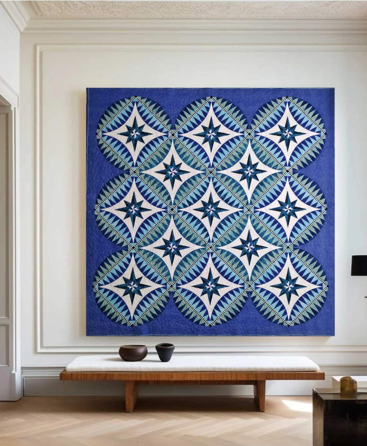 Blue And White Wall Art Quilt | Big Quilted Tapestry | Large Textile Art