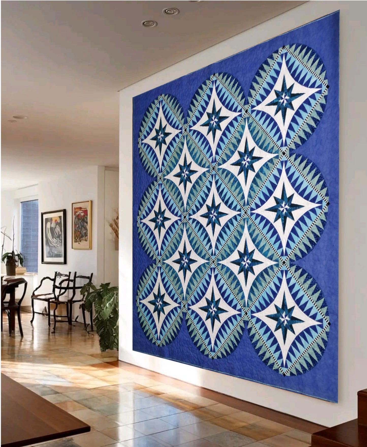 Blue And White Wall Art Quilt | Big Quilted Tapestry | Large Textile Art