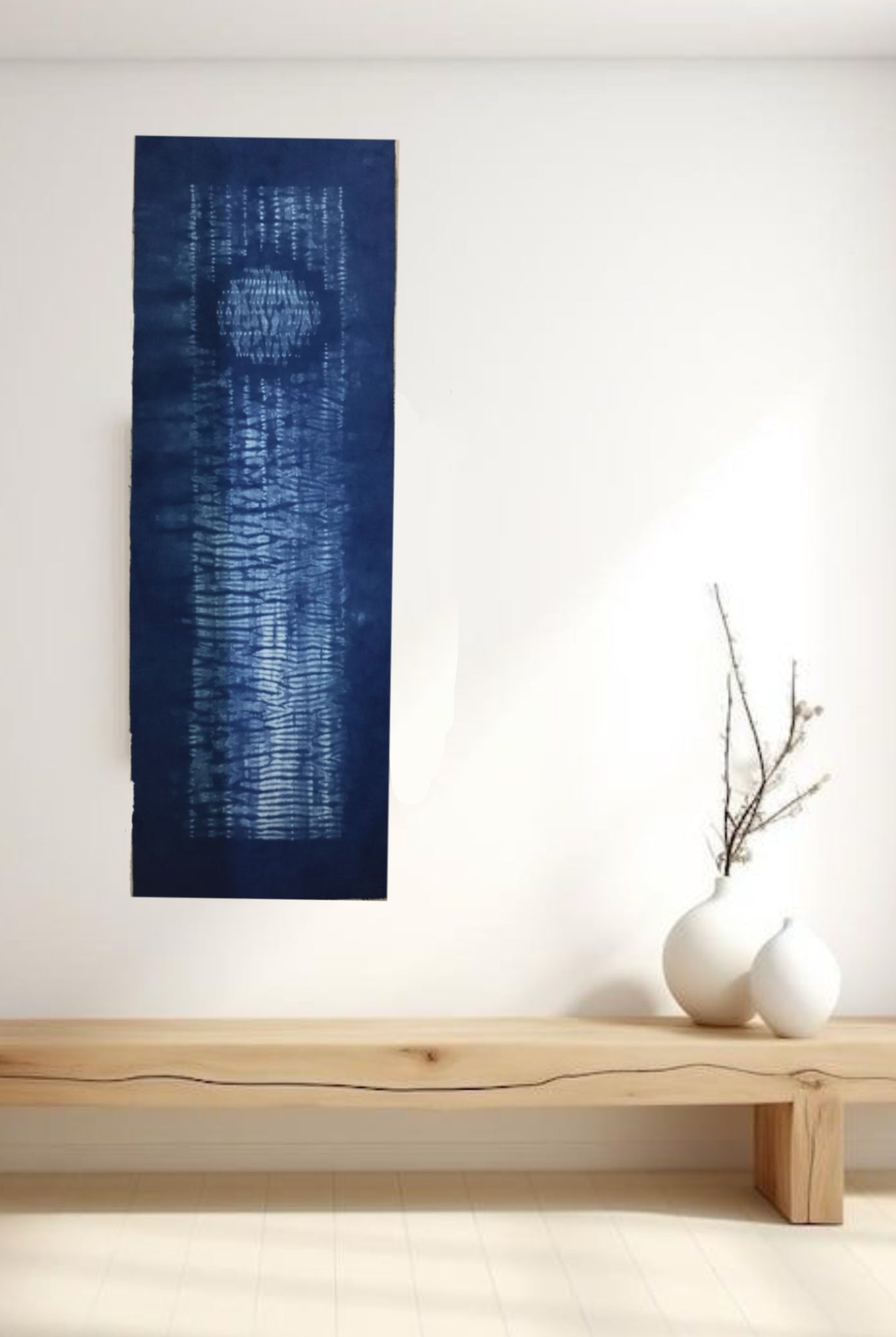 One-of-a-Kind Stitched Shibori Indigo Textile Art Panel – Moonlight Reflection