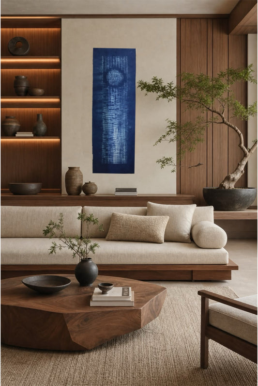 One-of-a-Kind Stitched Shibori Indigo Textile Art Panel – Moonlight Reflection
