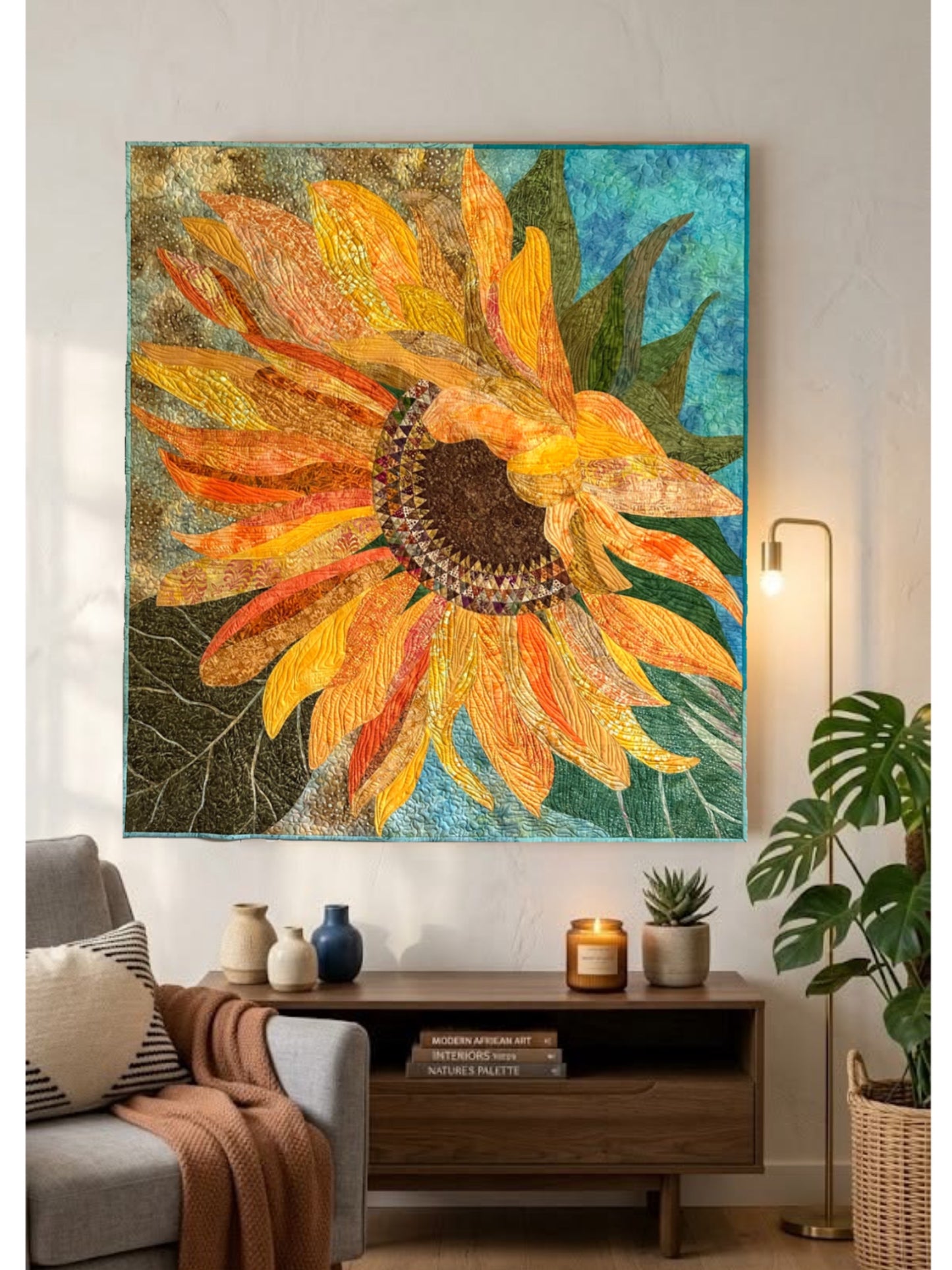 Large Sunflower Art Quilt Wall Hanging, Original Botanical Fiber Art, Handmade Contemporary Quilt, Textile Wall Art, Nature Inspired Decor