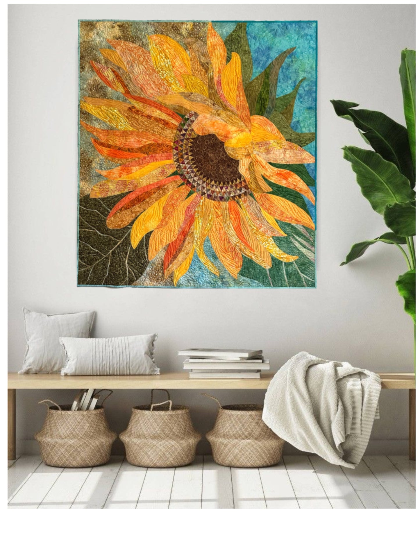 Large Sunflower Art Quilt Wall Hanging, Original Botanical Fiber Art, Handmade Contemporary Quilt, Textile Wall Art, Nature Inspired Decor