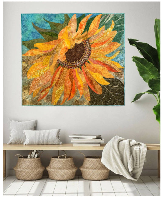 Large Sunflower Art Quilt Wall Hanging, Original Botanical Fiber Art, Handmade Contemporary Quilt, Textile Wall Art, Nature Inspired Decor