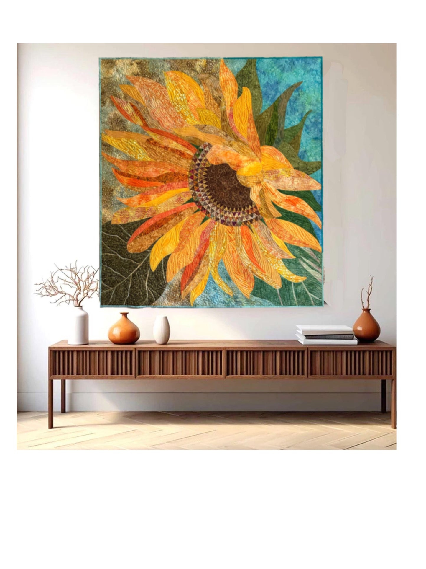 Large Sunflower Art Quilt Wall Hanging, Original Botanical Fiber Art, Handmade Contemporary Quilt, Textile Wall Art, Nature Inspired Decor