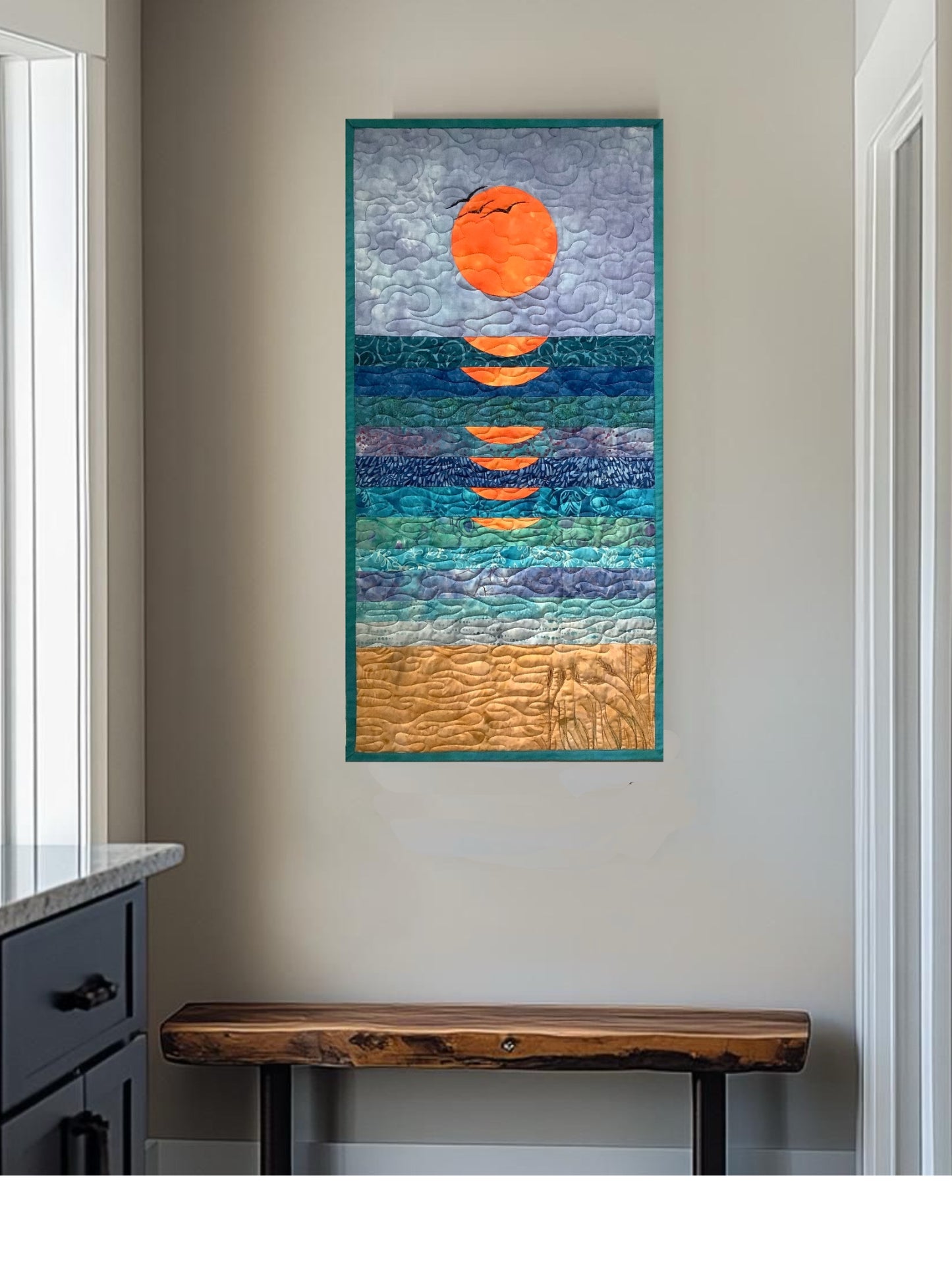 Modern Sun Wall Art Quilt – Handmade Ocean Sunset Fiber Art (16 x 32 inches)