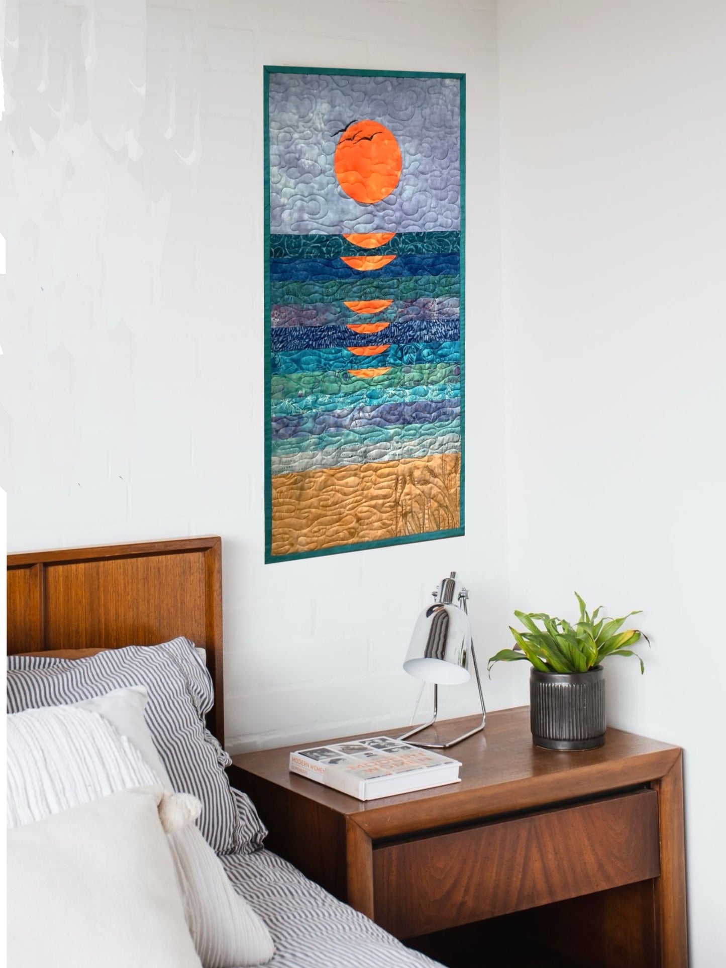 Modern Sun Wall Art Quilt – Handmade Ocean Sunset Fiber Art (16 x 32 inches)