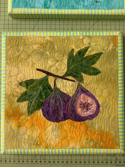 Fig Wall Art, Original Beaded Fiber  Fruit Art, Framed Textile Painting