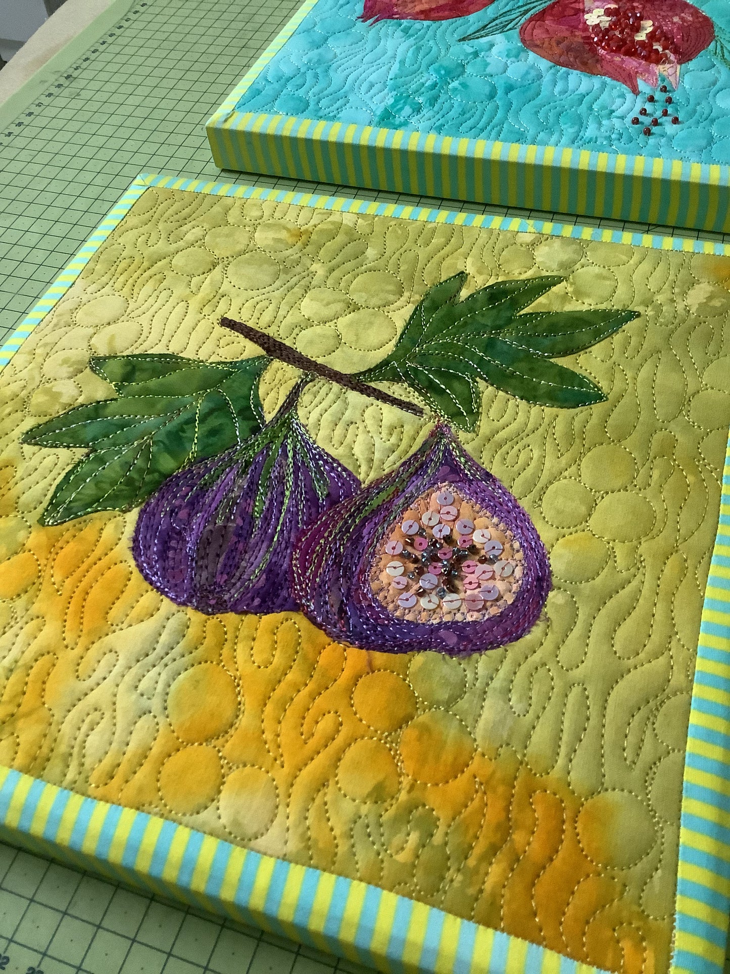 Fig Wall Art, Original Beaded Fiber  Fruit Art, Framed Textile Painting