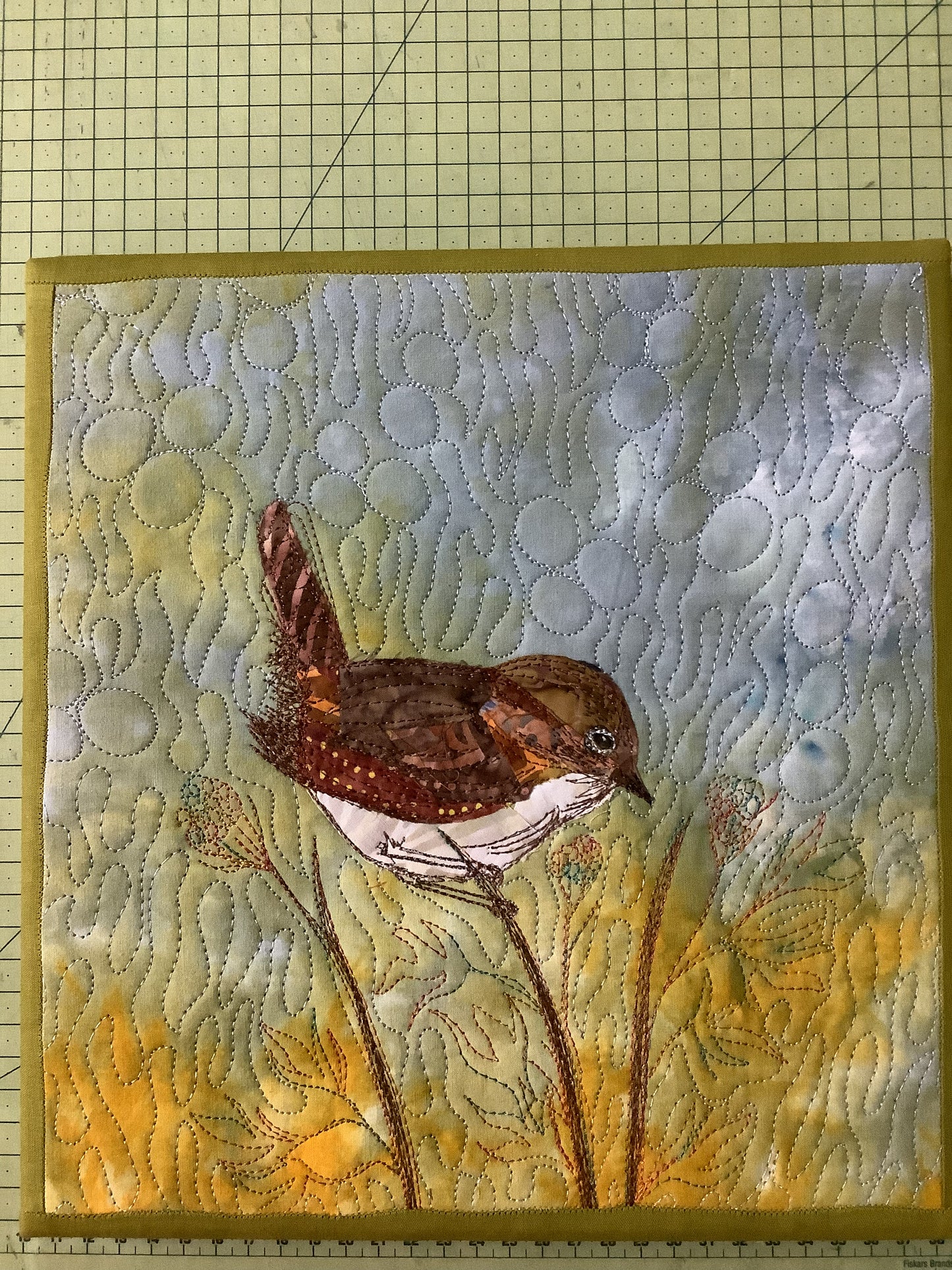 Wren Bird Art Frame, Original Bird Wall Art Quilt On Canvas Frame For Wall Decor