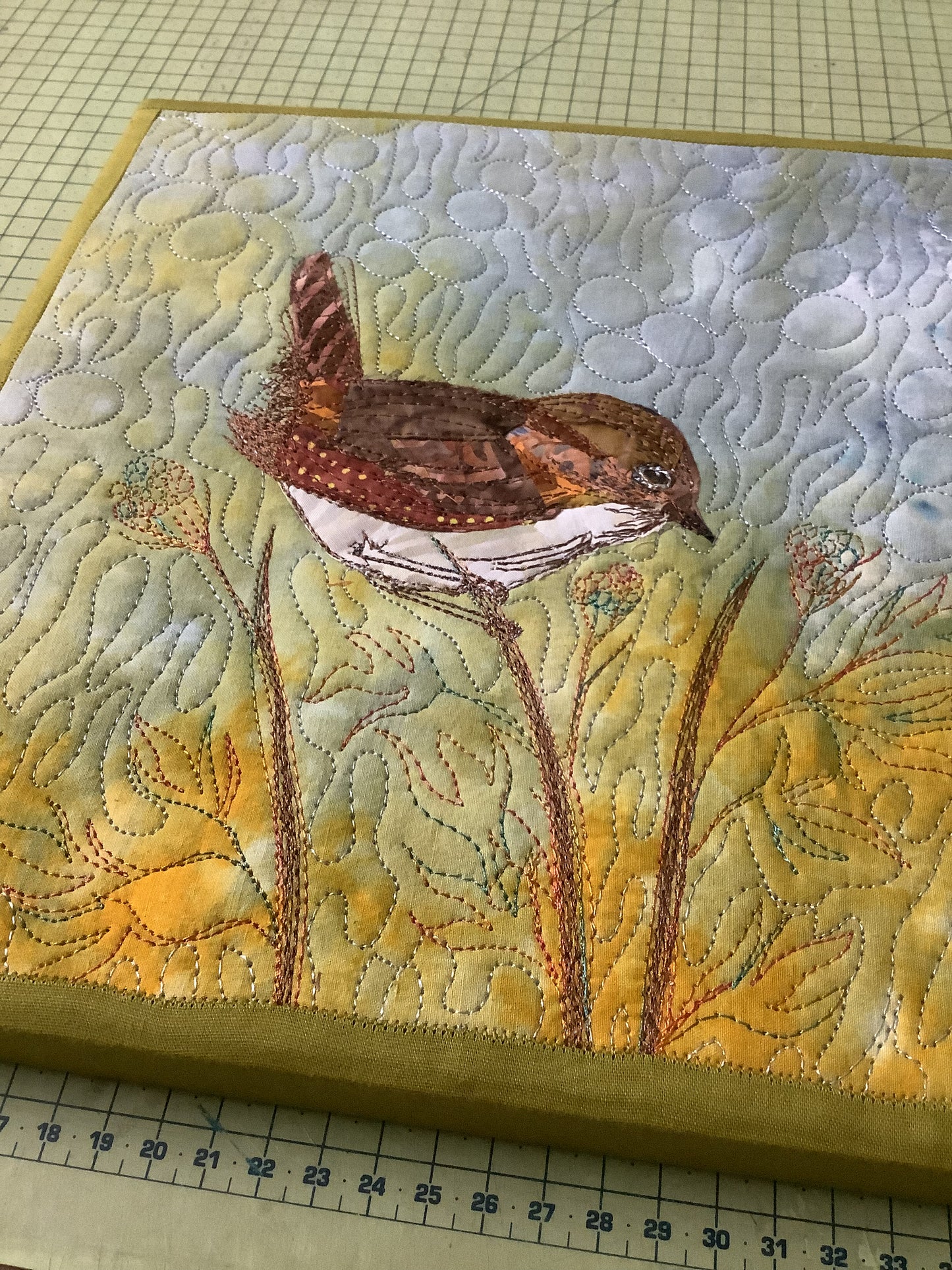 Wren Bird Art Frame, Original Bird Wall Art Quilt On Canvas Frame For Wall Decor