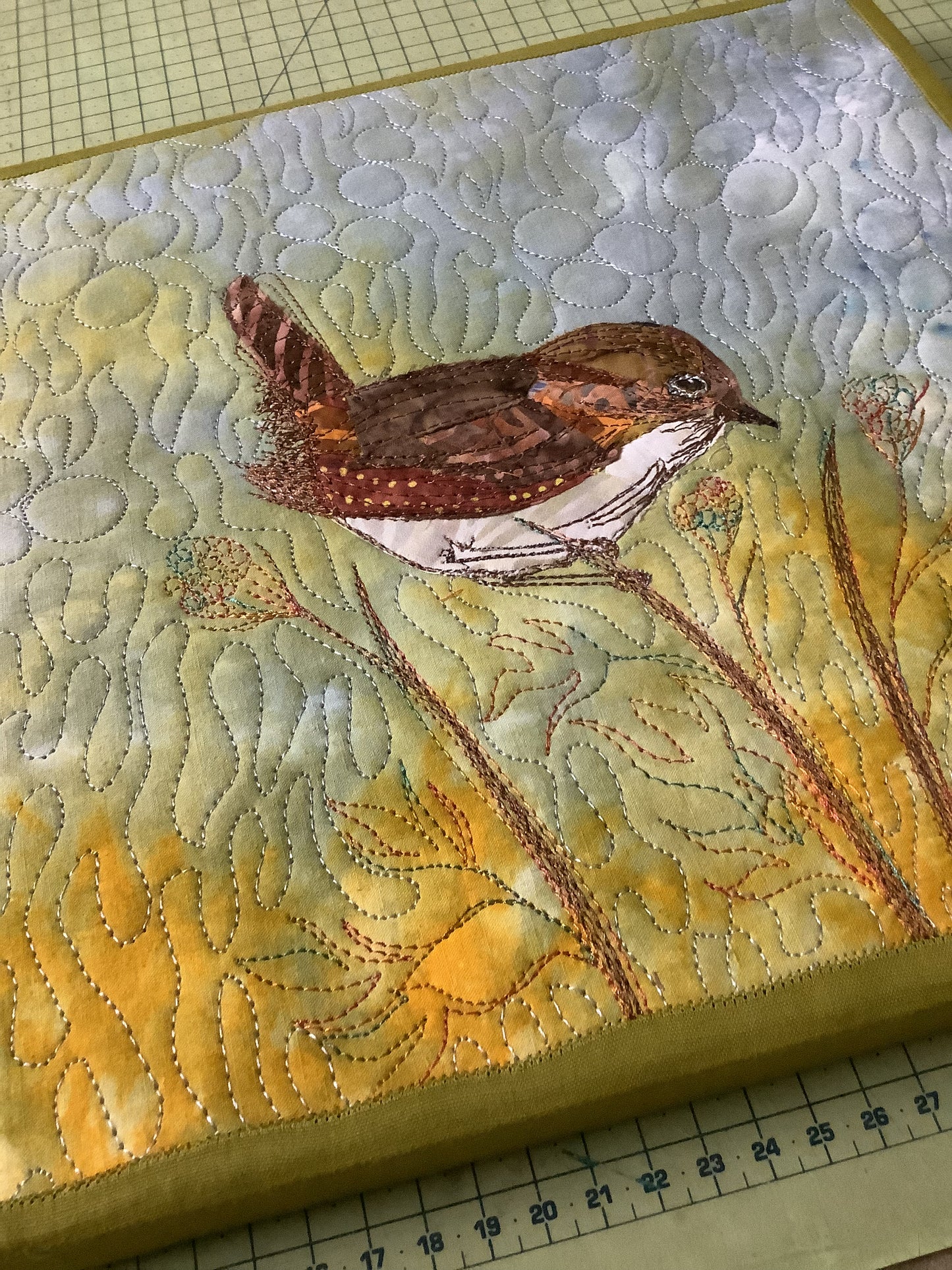Wren Bird Art Frame, Original Bird Wall Art Quilt On Canvas Frame For Wall Decor
