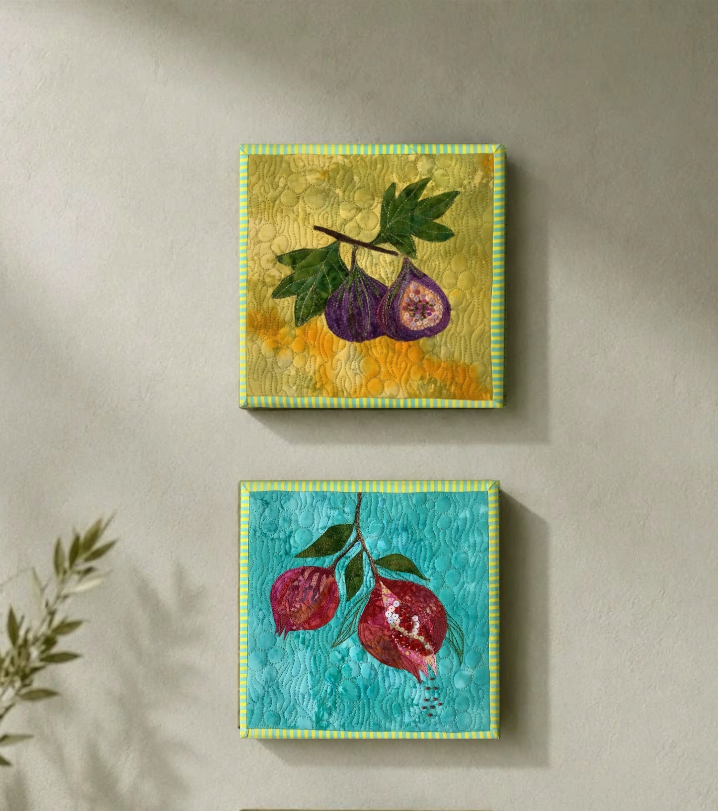 Beaded Pomegranate Textile Wall Art, Framed wall Art
