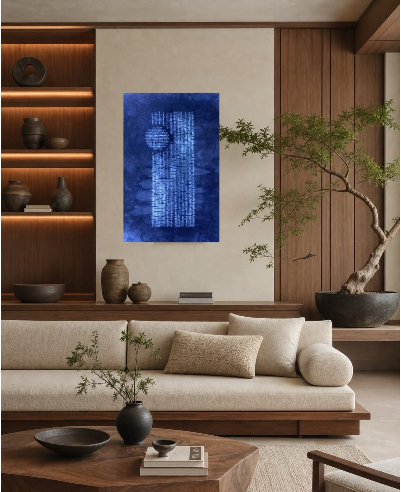 Indigo Tie and Dye Japanese Nui Shibori Wall Hanging – blue moon japandi wall art sale