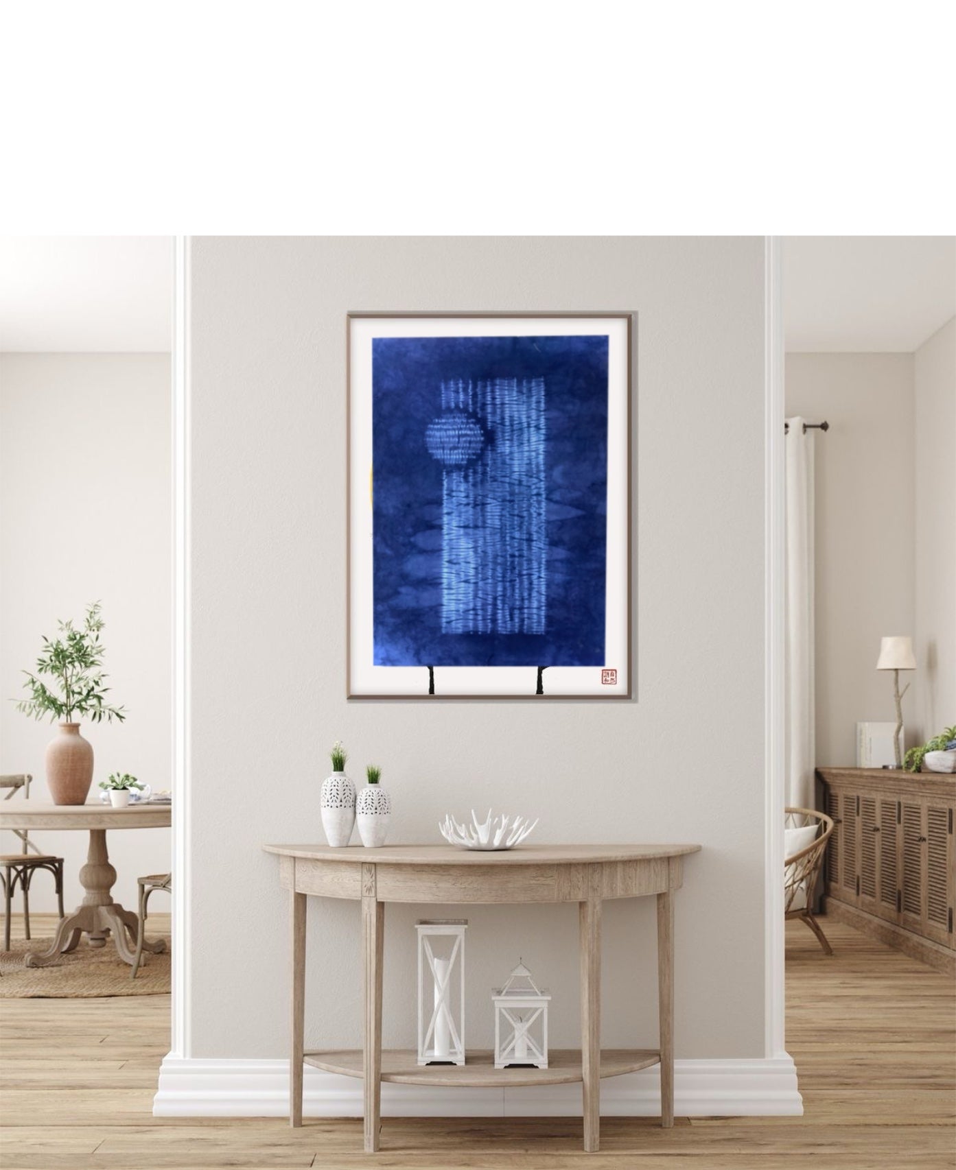 Indigo Tie and Dye Japanese Nui Shibori Wall Hanging – blue moon japandi wall art sale