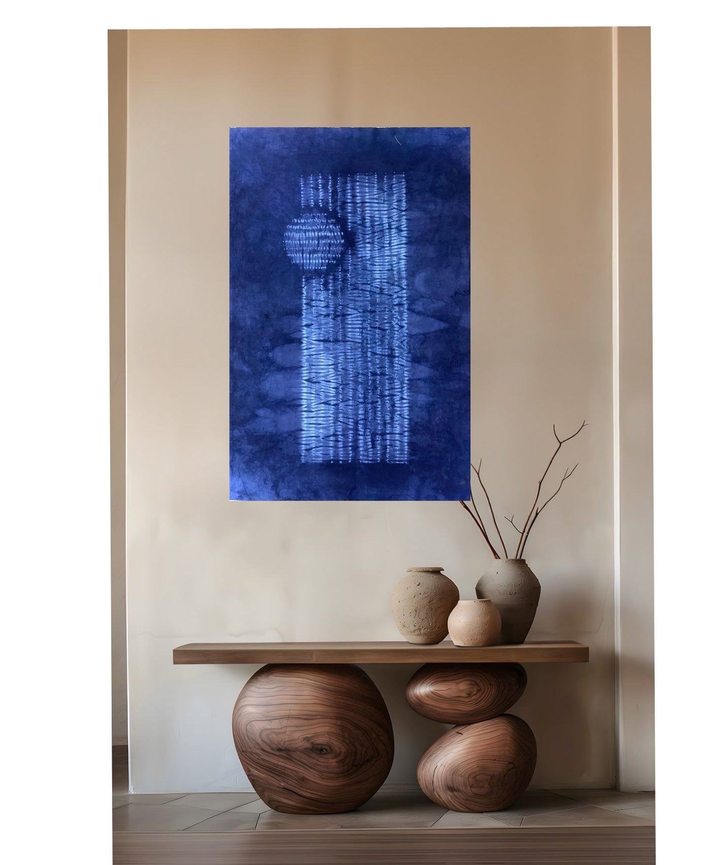 Indigo Tie and Dye Japanese Nui Shibori Wall Hanging – blue moon japandi wall art sale