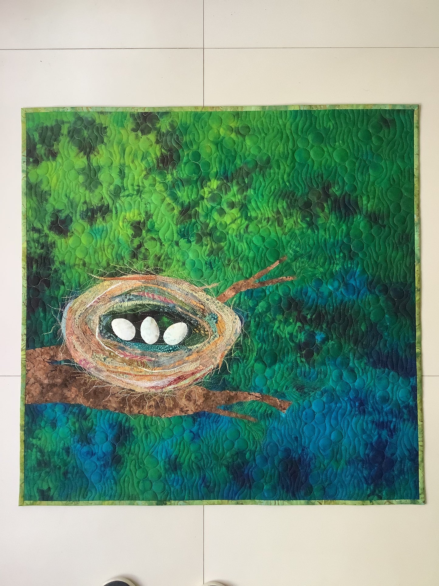 Bird Nest Textile Wall Art | What We Gather | Original Art Quilt | Handmade Nature Artwork | Fiber Art | 28.5 x 28.5