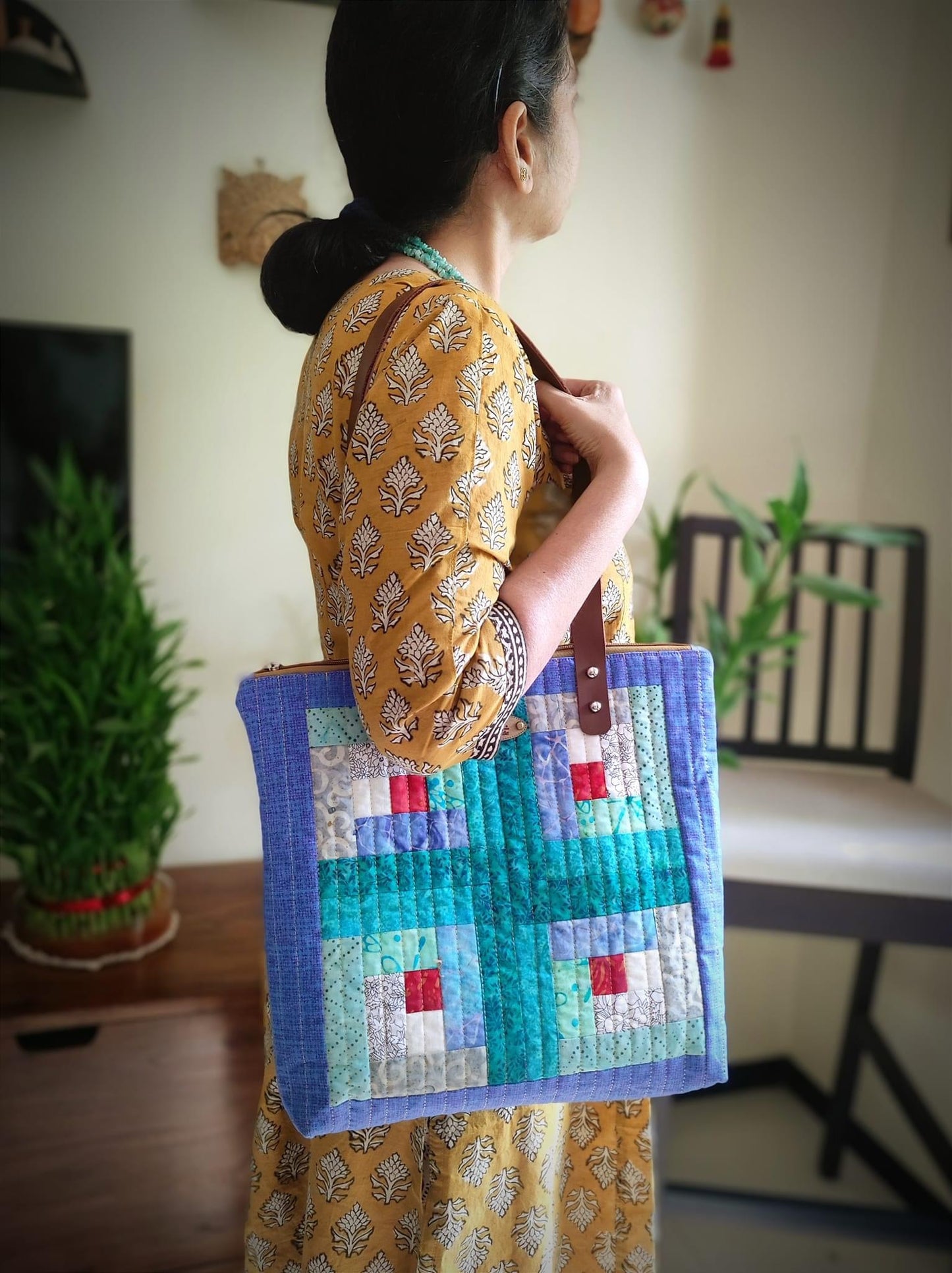 Handmade Quilted Patchwork Tote Bag with Genuine Leather Handles