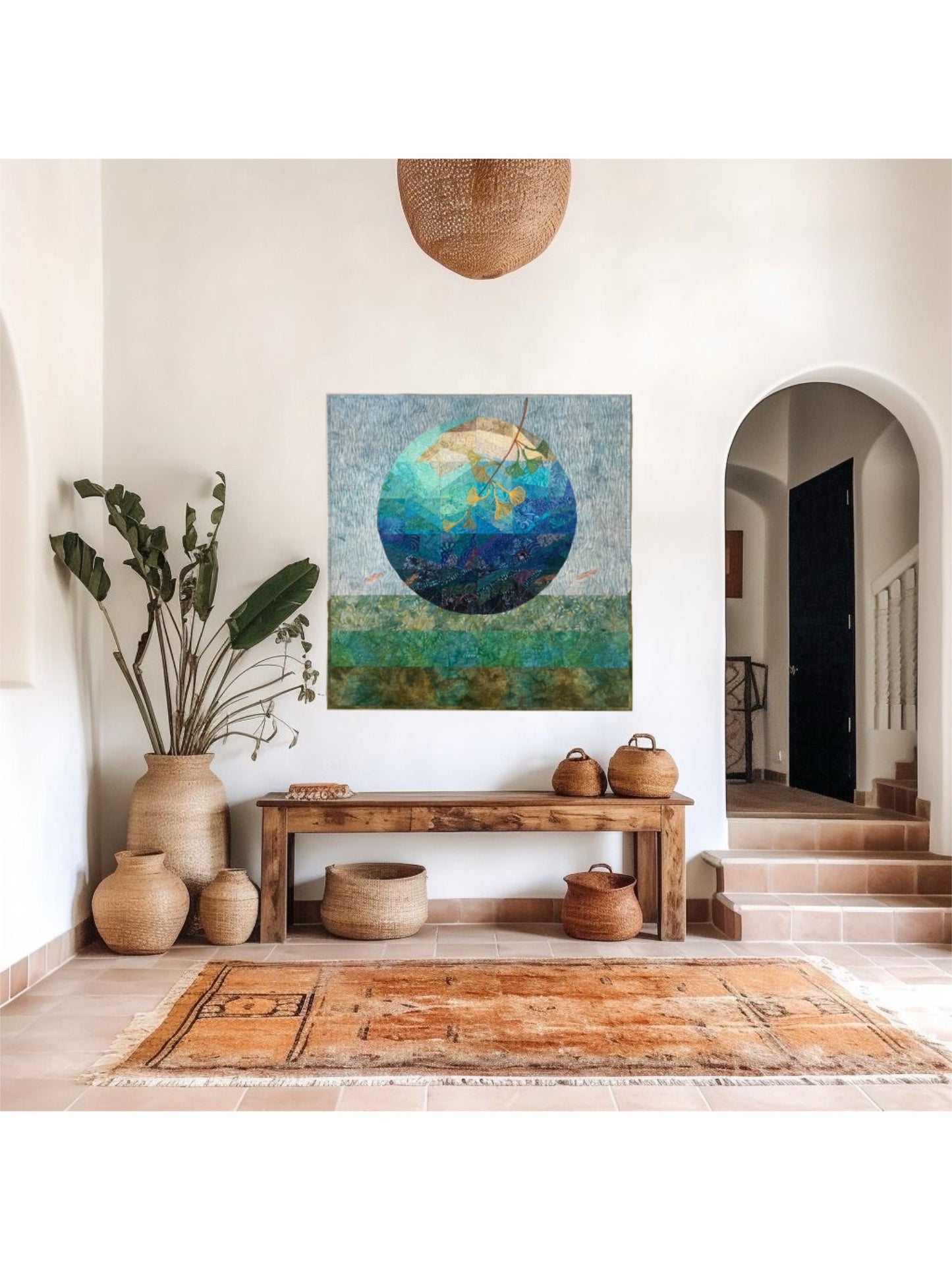 Artistic photo of quilt hanging in beautiful room