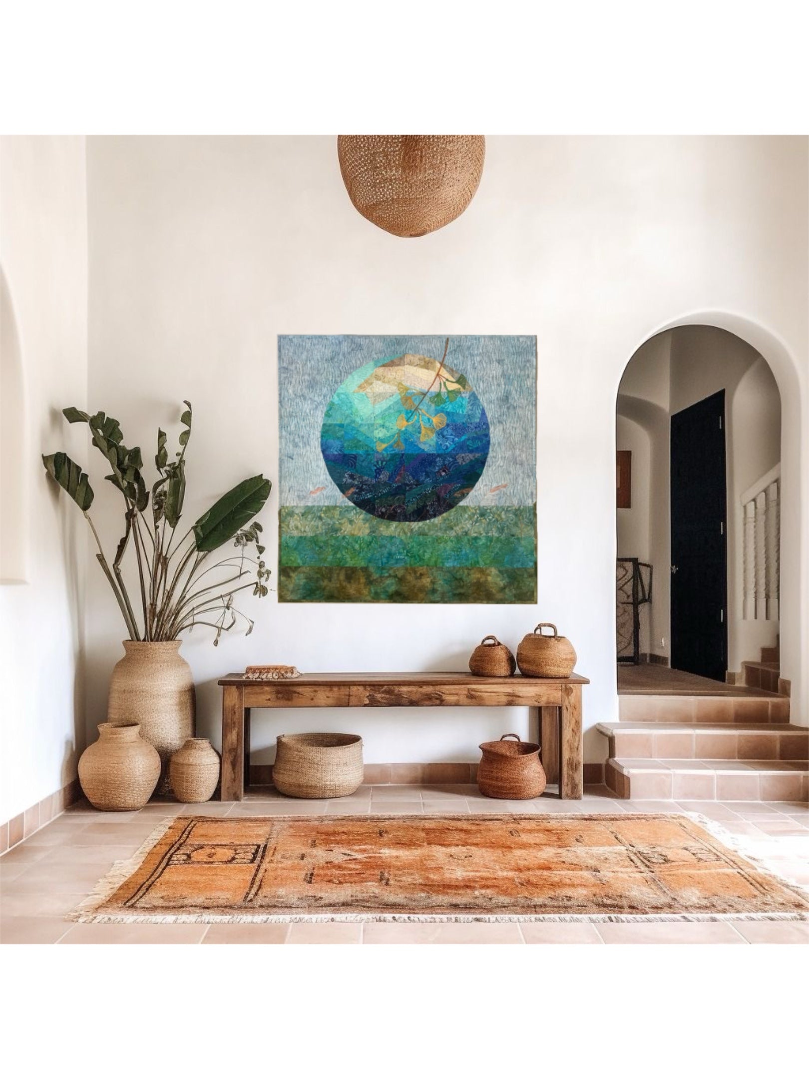 Artistic photo of quilt hanging in beautiful room