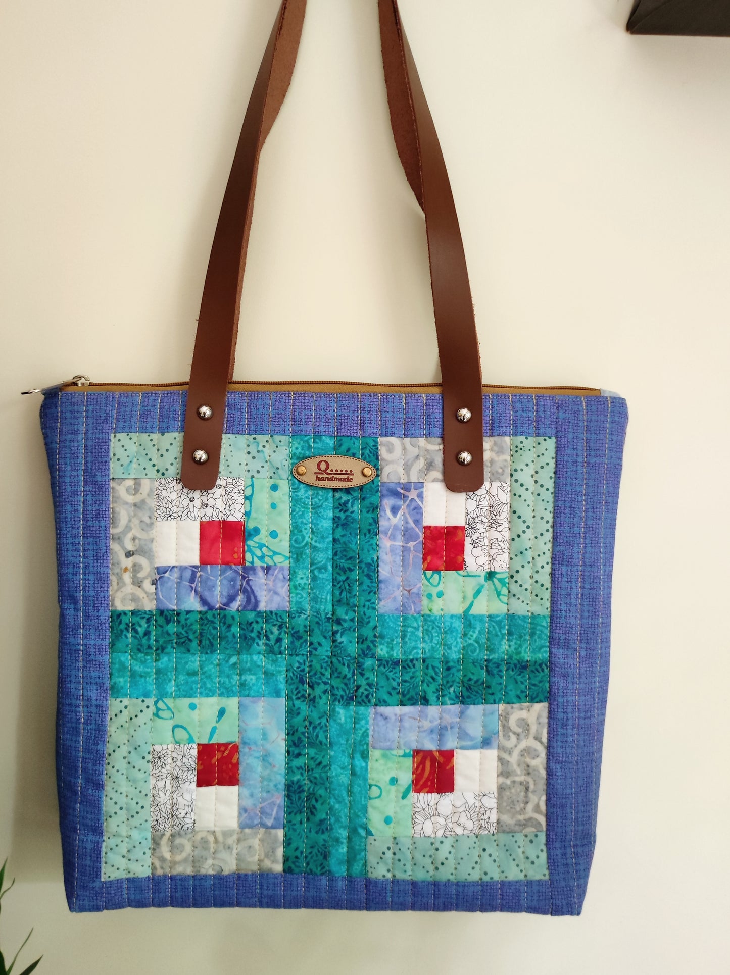 Handmade Quilted Patchwork Tote Bag with Genuine Leather Handles