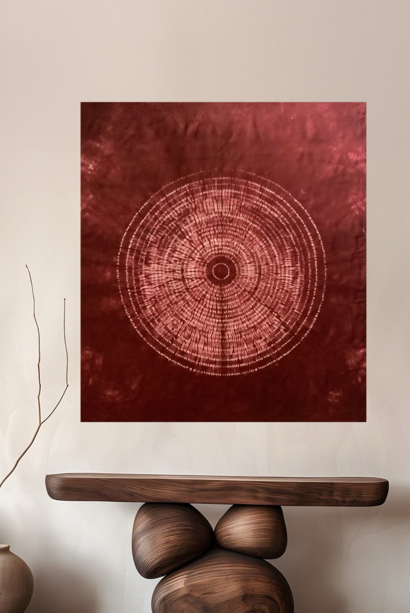 Red maroon contemporary art- Nui Shibori tapestry -Japanese Tie Dye Fiber wall Art -  Japandi interior- meditation room decor