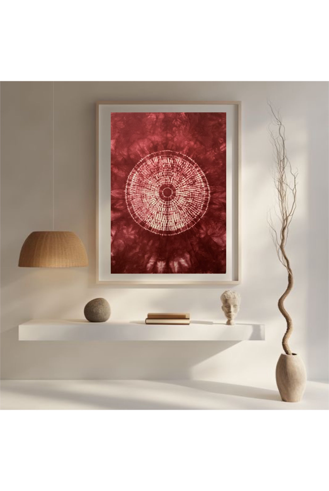 Red maroon contemporary art- Nui Shibori tapestry - Wabi Sani art - Japanese Tie Dye fabric -  Japandi wall art - meditation room decor