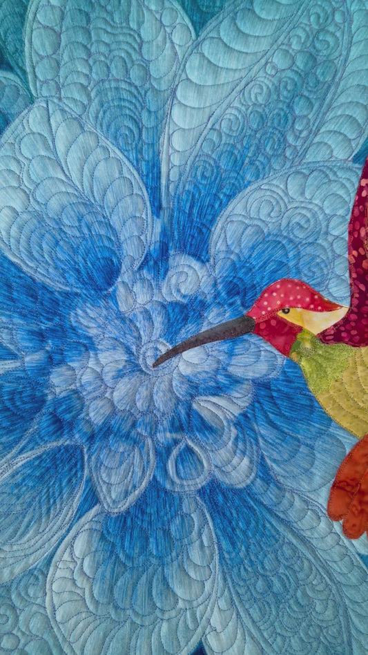 Dahlia flower wall art quilt - Hummingbird Art - Blue floral tapestry