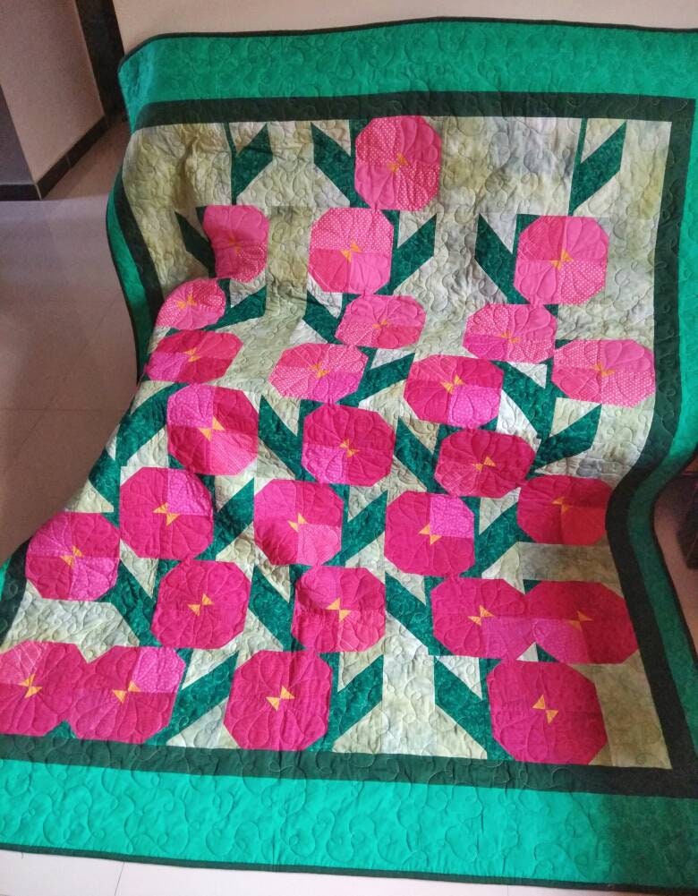 Poppies Quilt - Flower Garden Quilt - Queen Size Quilt - Twin Quilt - Quilted Bedspreads - Floral Quilt - Handmade Patchwork Quilt