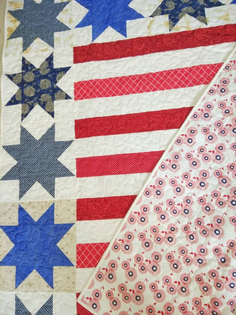 American Flag Patchwork Throw Quilt -4th of July Patriotic Home Decor