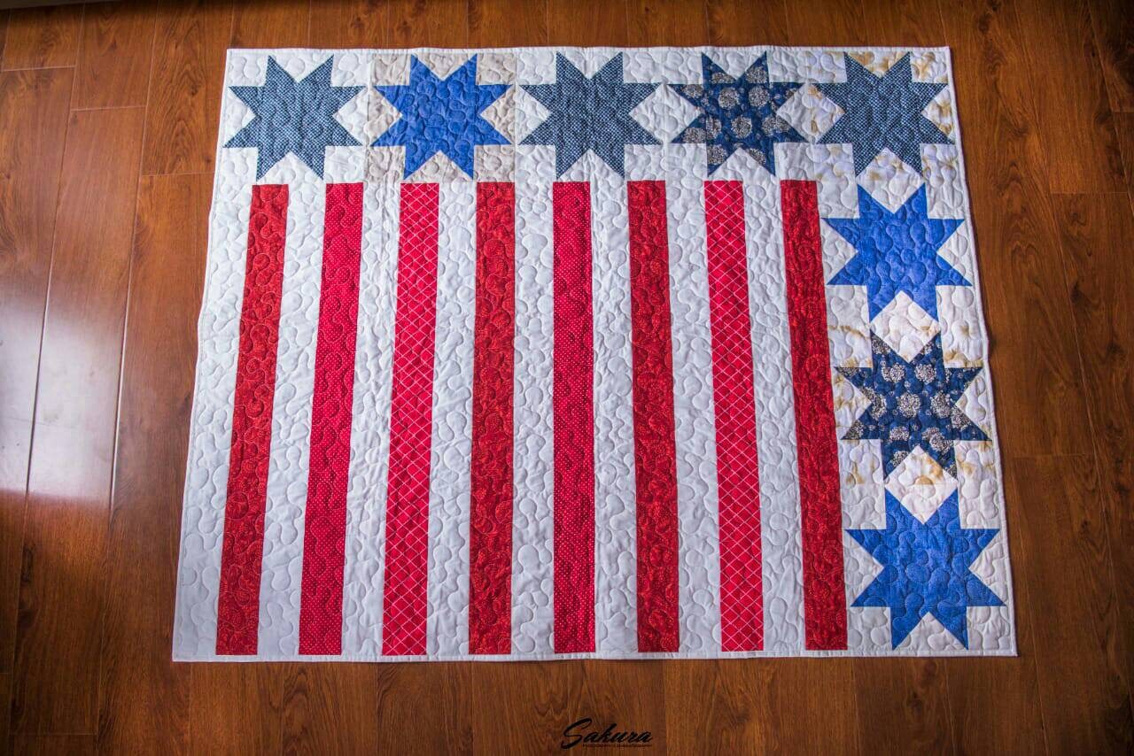 American Flag Patchwork Throw Quilt -4th of July Patriotic Home Decor