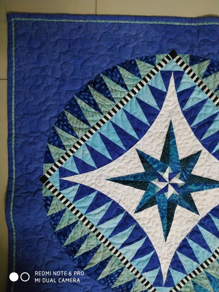 Picture showing details of stitching on something blue quilt