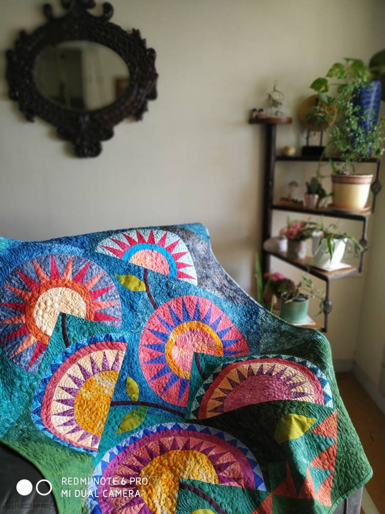 Contemporary colourful art quilt on the chair