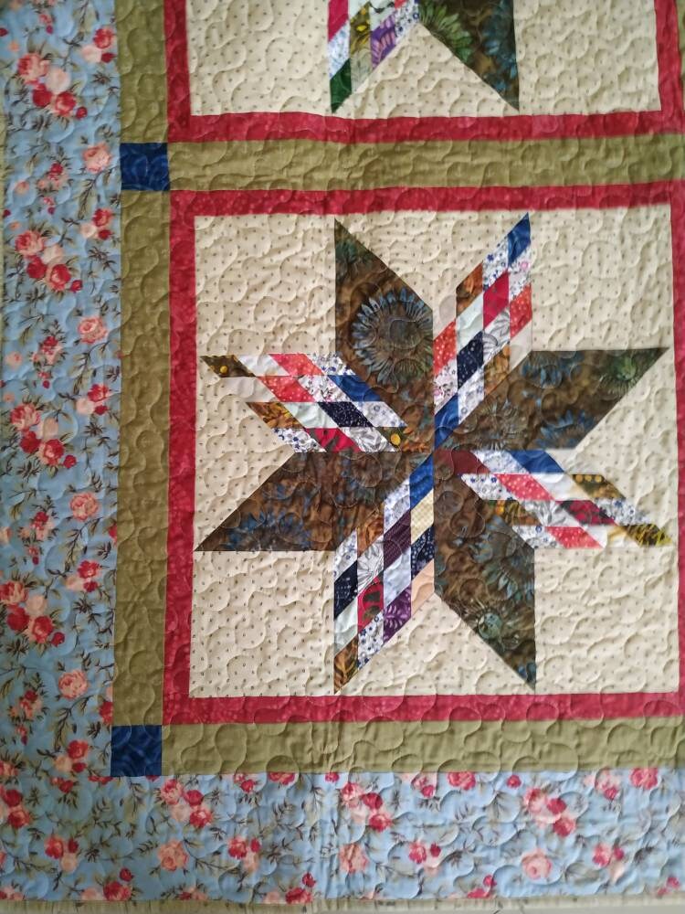 Handmade star quilt- Traditional Lone Star Block Patchwork Quilt  - High-Quality American Patchwork Decor