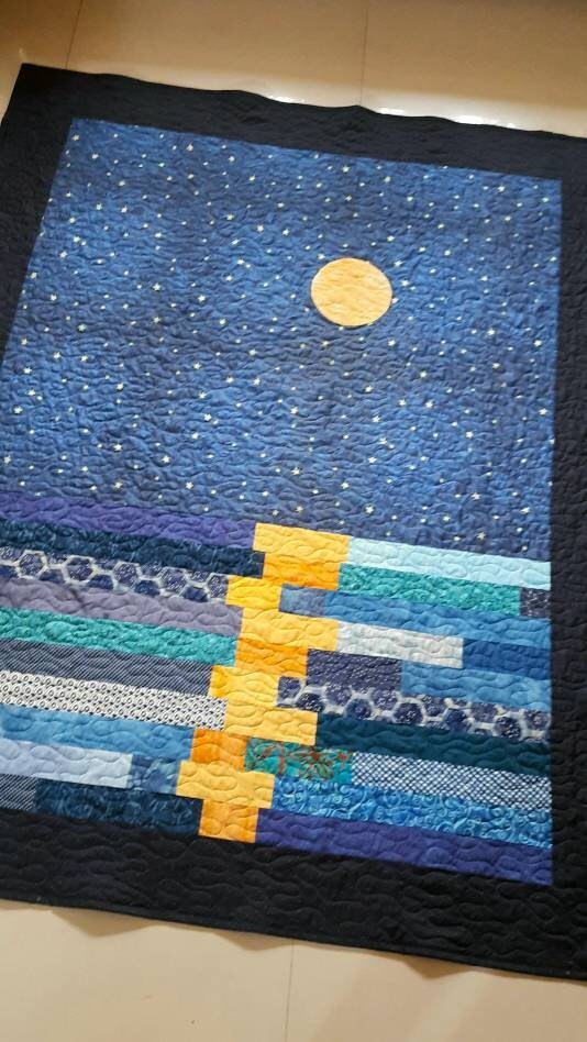 Stary night quilt, van gogh inspired art, star quilt, quilted throw, stars in the night sky throw, moon patchwork quilt, homemade quilt sale