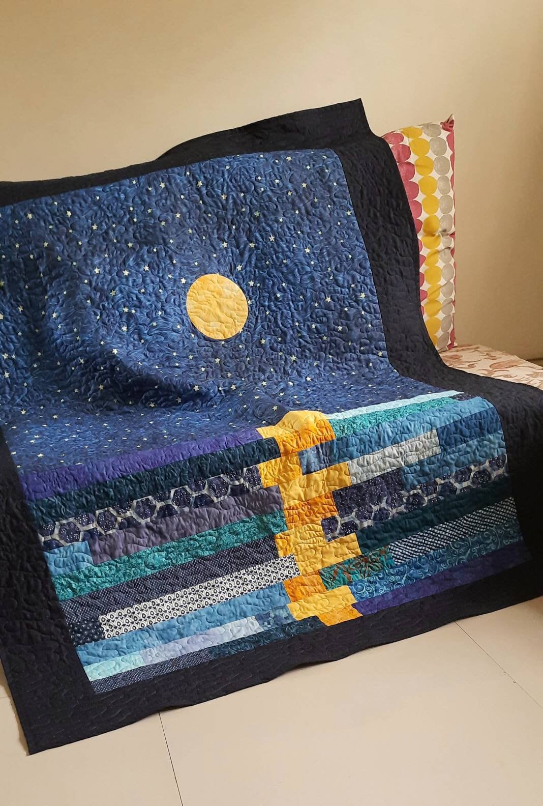 Stary night quilt, van gogh inspired art, star quilt, quilted throw, stars in the night sky throw, moon patchwork quilt, homemade quilt sale