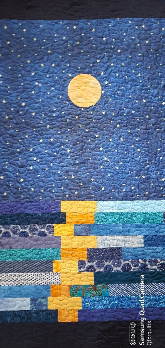 Stary night quilt, van gogh inspired art, star quilt, quilted throw, stars in the night sky throw, moon patchwork quilt, homemade quilt sale