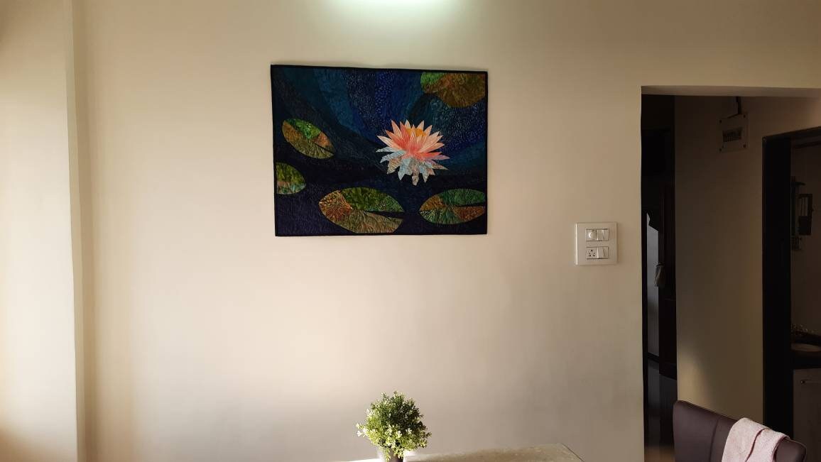 Original Design Lotus Art Quilt - Water Lily Fiber Art - Quilted Wall Hanging - Quilts & Beyond