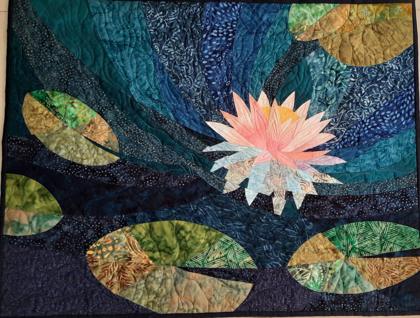 Original Design Lotus Art Quilt - Water Lily Fiber Art - Quilted Wall Hanging - Quilts & Beyond