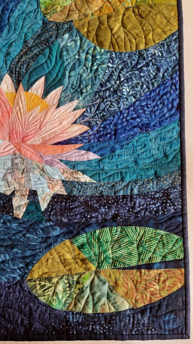 Original Design Lotus Art Quilt - Water Lily Fiber Art - Quilted Wall Hanging - Quilts & Beyond