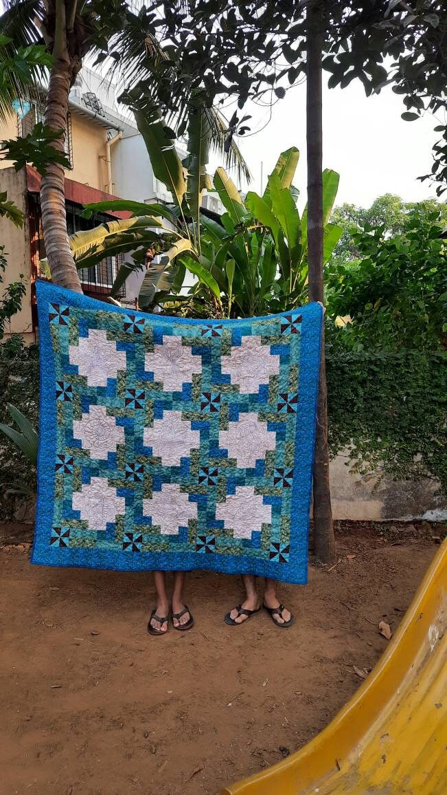 Ocean Nautical Throw Quilt - Coastal Beach House Decor - Sailing Ships & Octopus Design - Sofa Throw - Quilts & Beyond