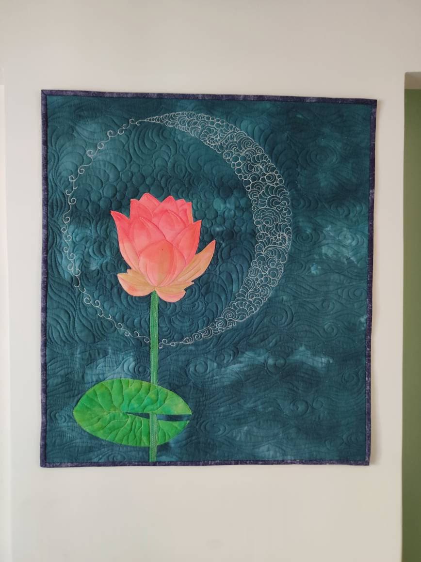 Original Handcrafted Lotus Art Moon Wall Art - Painted & Quilted - Exquisite Textile Art - Quilts & Beyond