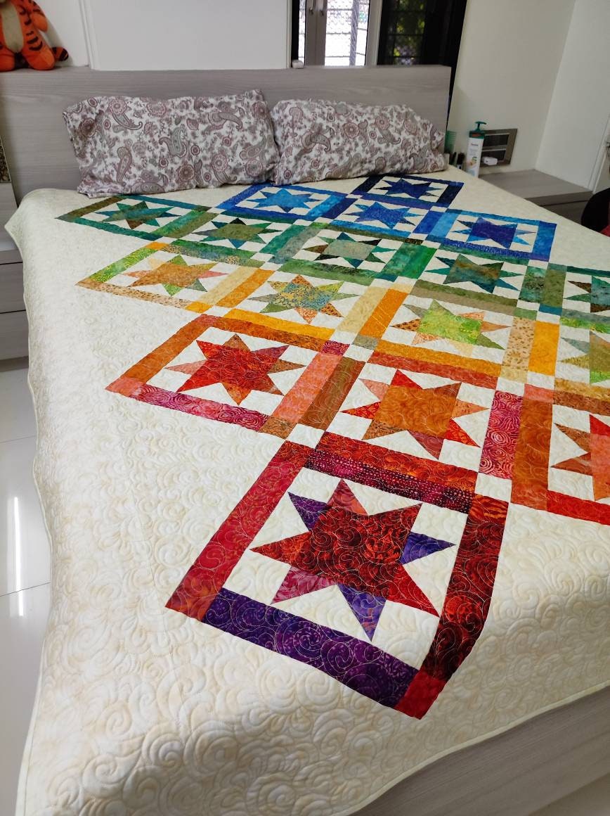 Twin size rainbow quilt, patchwork quilt, homemade quilt sale, gift for mom, gift for grandma, wedding gift for couple, queen size quilt