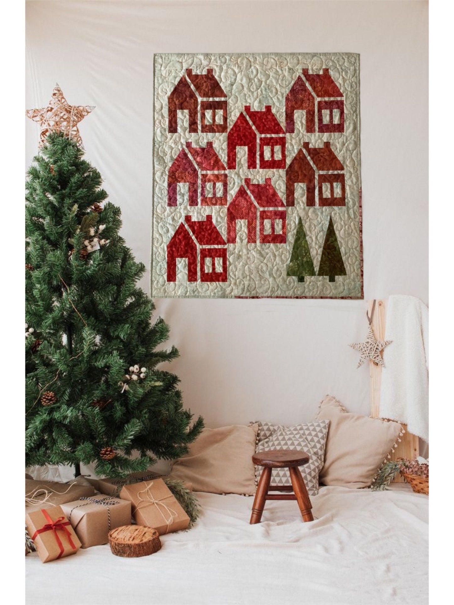 red and white quilt - handmade quilt sale - Charming Schoolhouse Block Quilt - Perfect Christmas Decor