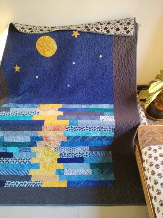 Moon Reflection Quilt – starry night theme in deep blue